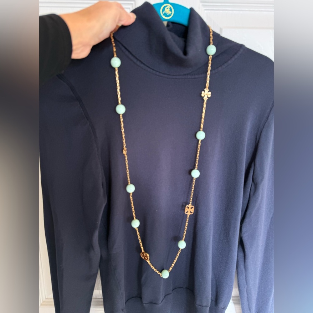 Tory Burch Logo Station Necklace Green Mint and Gold Tone Long Necklace